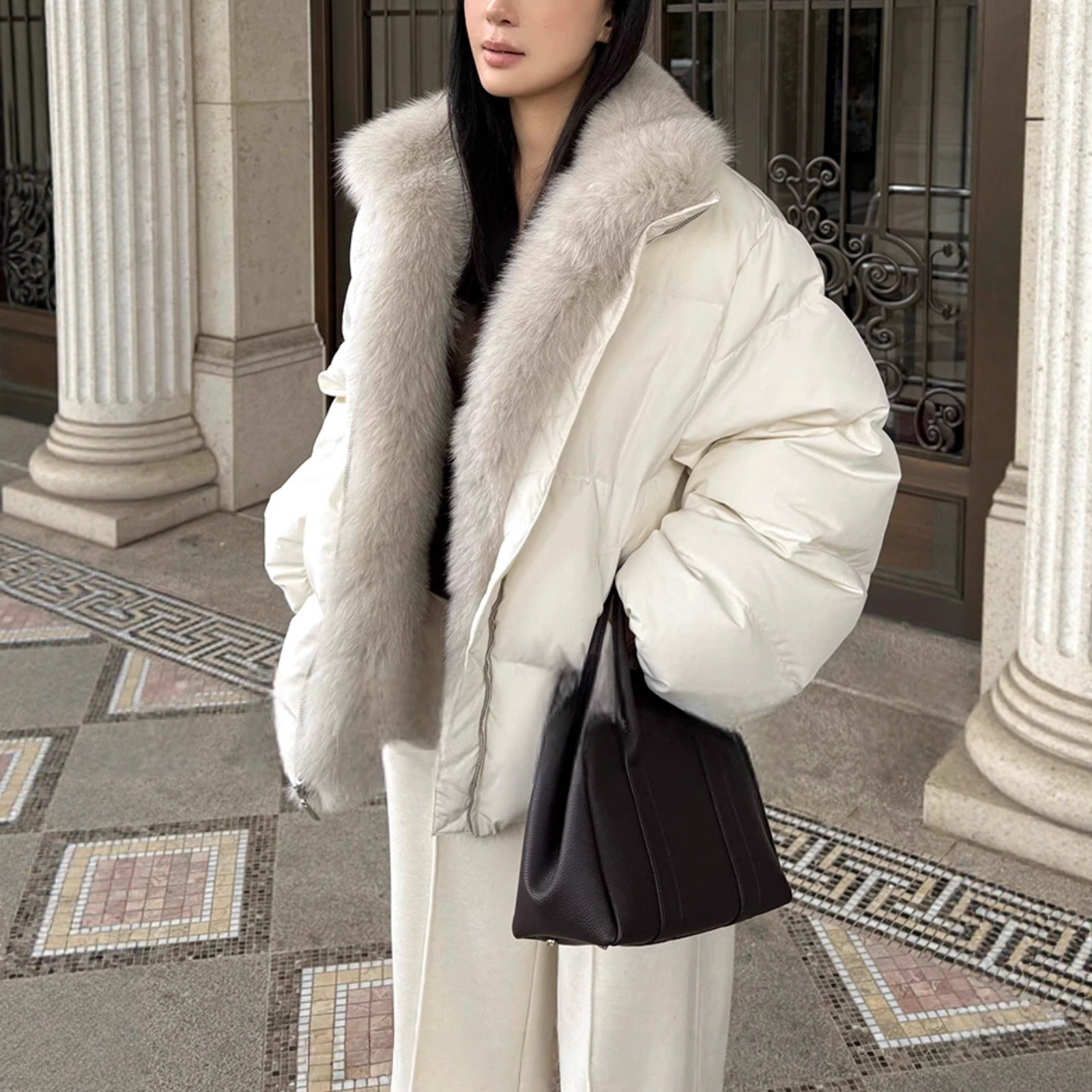 Zhou Miao Zhoumiaoo【Snow Fox Parker】Fox Fur Collar Placket Warm Three-Star White Duck down Jacket for Women