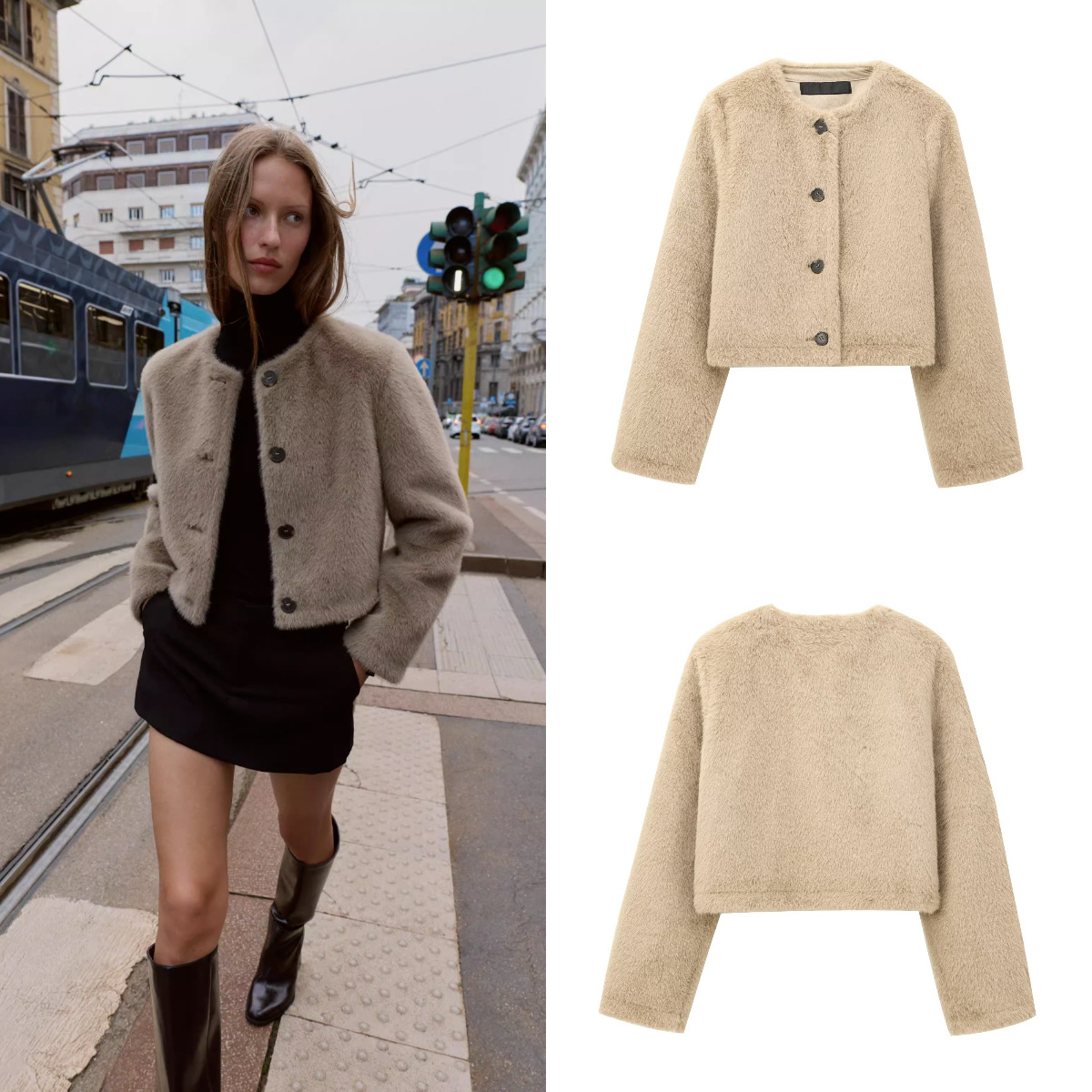 za外贸跨境现货欧美风冬季新款女装时尚圆领人造皮草效果短外套