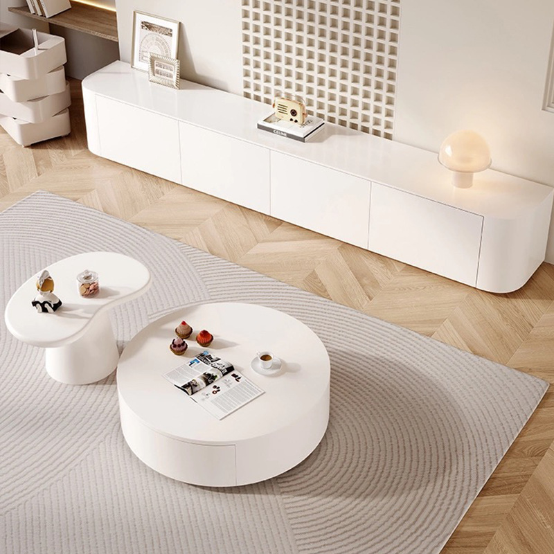 Mesa redonda de roca placa mesa de té TV gabinete combinación hogar sala de estar combinación crema francesa estilo niños y madre combinación mesa de té