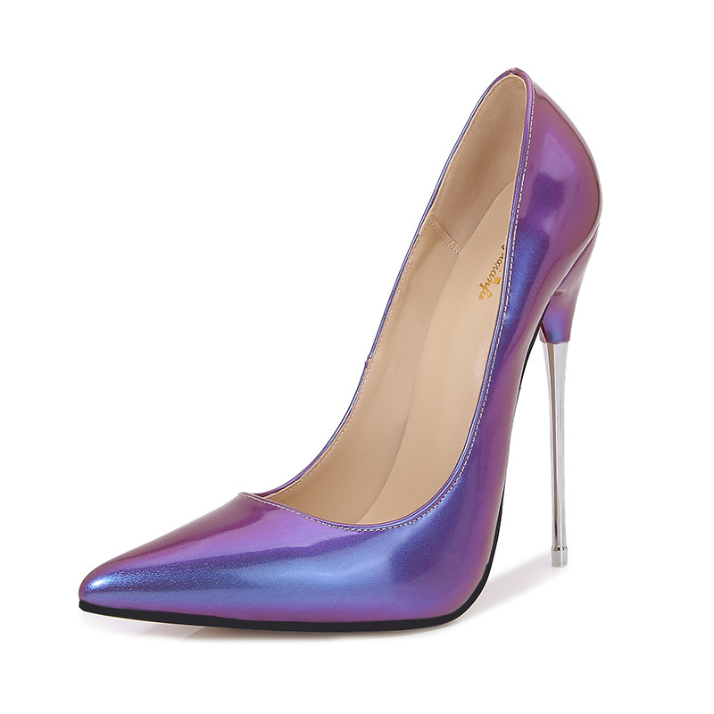 European and American New Style Internet Celebrity Patent Leather Pointed Toe High Heels 16cm with Heel Cover 18cm Stiletto Sexy Large Size Steel Heel Women's Shoes