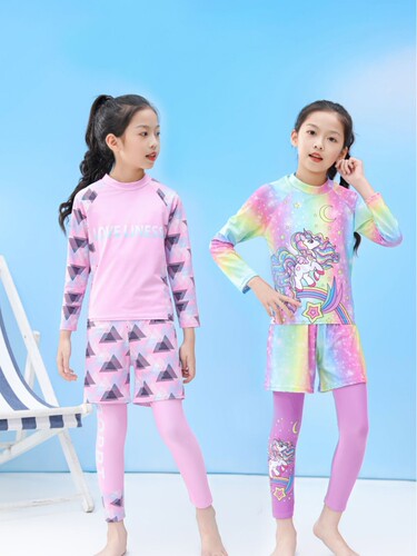 New children's swimsuit for boys and girls, long-sleeved trousers, three-piece sunscreen quick-drying suit, warm swimming suit for small and middle children
