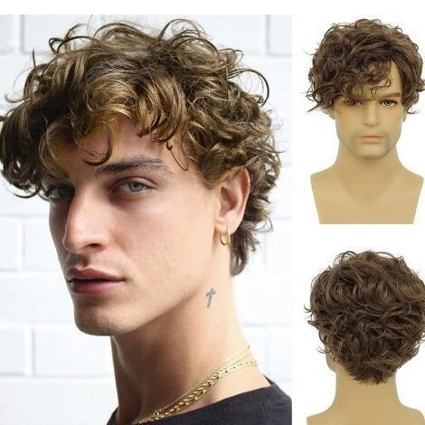 Amazon selling wigs European and American men's wigs brown oblique bangs short curly hair chemical fiber headgear manufacturers wholesale Amazon selling wigs European and American men's wigs brown oblique bangs short curly hair chemical fiber headgear manufacturers wholesale