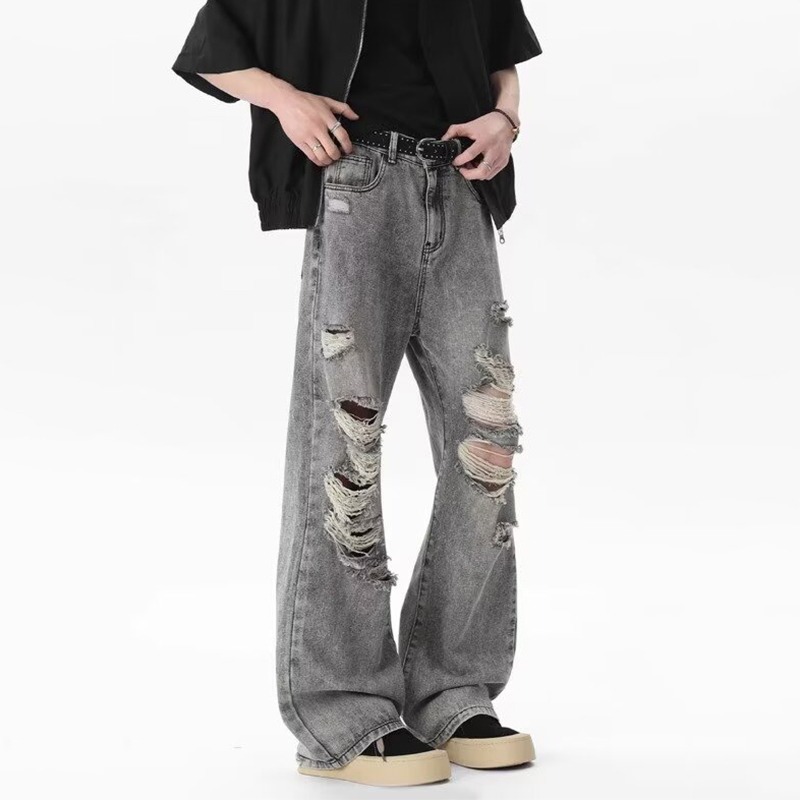 2025 New Summer Men's Jeans American High Street Ripped Trendy Beggar Pants Retro Distressed Bootcut Pants