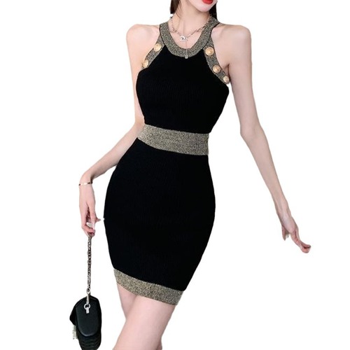 Xiaoxiangfeng Sleeveless Halter Vest Dress 2024 Summer Women's Celebrity Slim Fit Small Hip Cover Knitted Dress