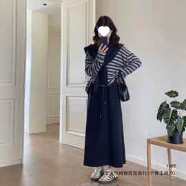 休闲套装女春秋季胖mm大码显瘦披肩搭配条纹长袖上衣半身裙三件套