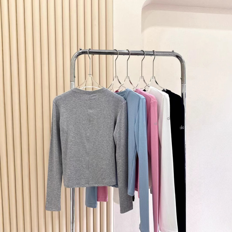 2025Al レディース 5 色ボトムシャツ夏の新超弾性リブ長袖 Tシャツヨガ痩身ラウンドネックシャツ|undefined