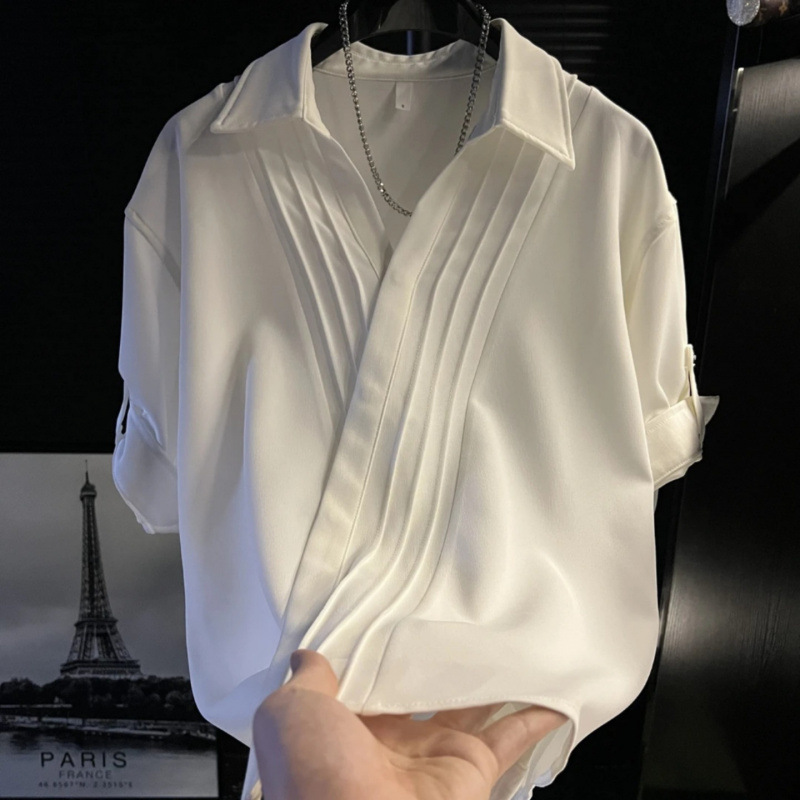Asymmetrical Pleated Short-Sleeve Shirt for Men, Stylish and High-End Summer Ice Silk Shirt, Hairstylist Trendy Men's Jacket