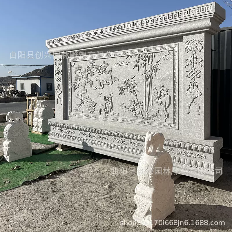 厂家定制石雕浮雕影壁墙玄关壁画石材照壁屏风新中式庭院迎门背景