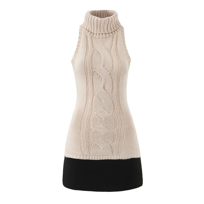 European and American Style Early Autumn High-Neck Sleeveless Sweater Knitted Dress Elastic Tight-Fitting Bottoming Hip-Hugging Short Skirt with Contrasting Colors