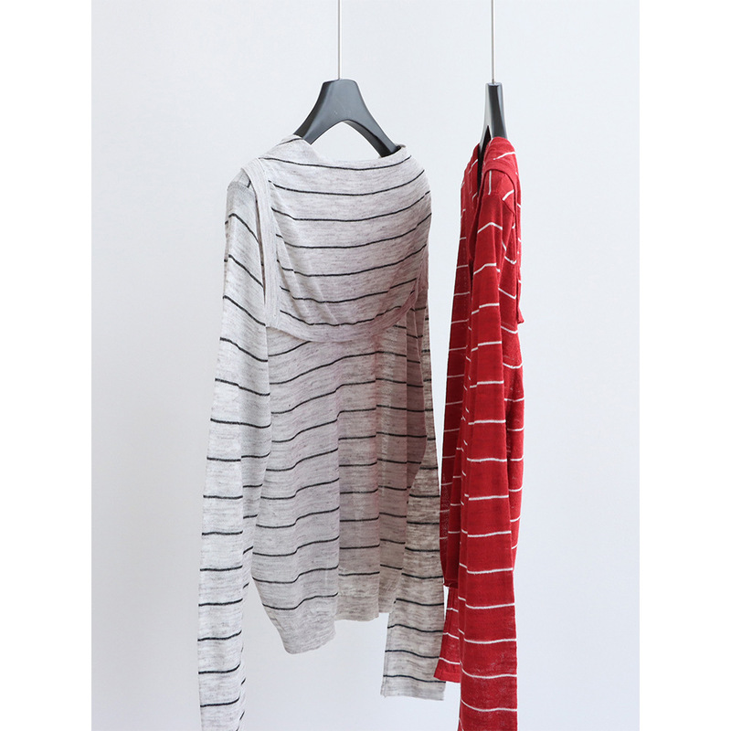 Navy Collar Contrast Striped Linen Sun Protection Knitwear Summer Casual Loose Cardigan Lightweight Simple Air-Conditioning Shirt for Women
