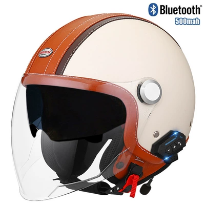 female male double mirror bluetooth, Motosiklet kaskı (dəbilqə) - brown-and-white-outer-length-and-inner-tea-bluetooth-m