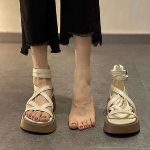 Quanyuanqing Women's Summer 2025 New Trendy Open-Toe Thick-Soled High-Top Pig Cage Roman Sandals with Skirt