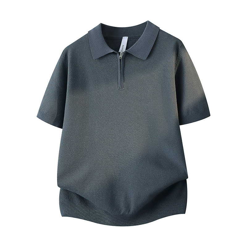 Polo camiseta camiseta de punto camiseta de manga corta camiseta de hombre solapa medio cremallera de color sólido viejo viento de hielo seda de verano fábrica transfronteriza al por mayor