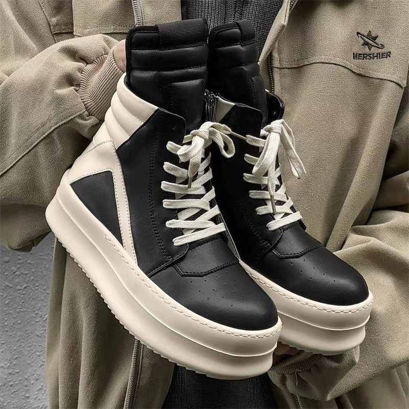 Путянь прибыл в физический магазин, качественные черно-белые высокие ботинки с треугольной молнией, мужская повседневная обувь на толстой подошве, увеличивающая рост.