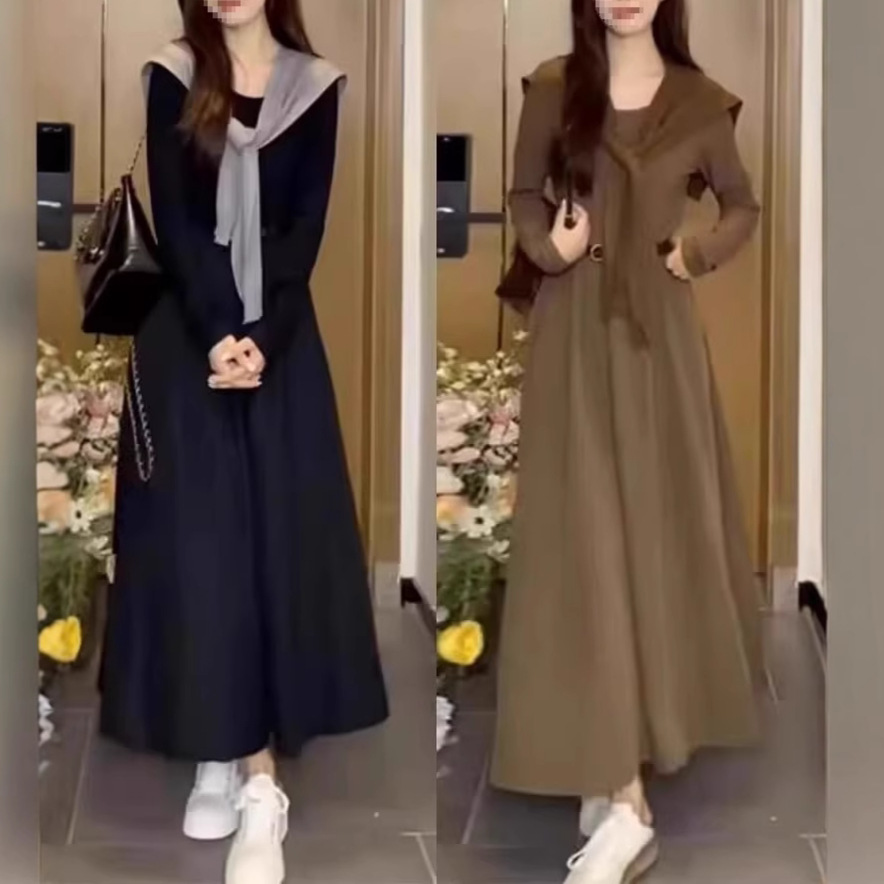 Retro solid color long-sleeve with a round collar