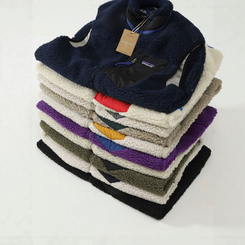 New colorway retro pata outdoor color-blocked lamb wool stand-up collar zip-up vest jacket, warm, available in ten colors for couples