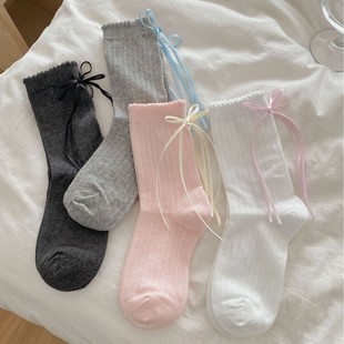 Japanese Style JK Style Heel Bow Mid-Tube Stacked Socks for Children's Three-Dimensional Lace All-Match Sweet Ballet Style Girls' Socks
