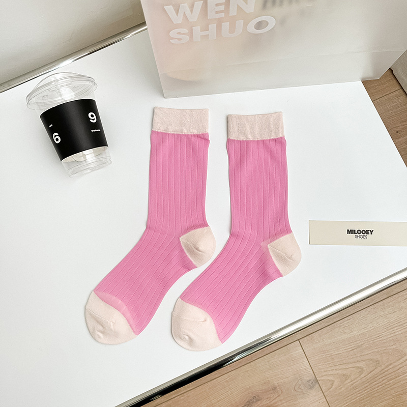 Calzini sottili in cotone a righe rosa a tinta unita da donna, a metà polpaccio, 2025d Ins, coordinati, primavera-autunno_voghion.com