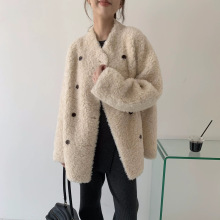 防风保暖 羊剪绒双排扣加厚外套女秋冬新款100绵羊毛休闲中长大衣
