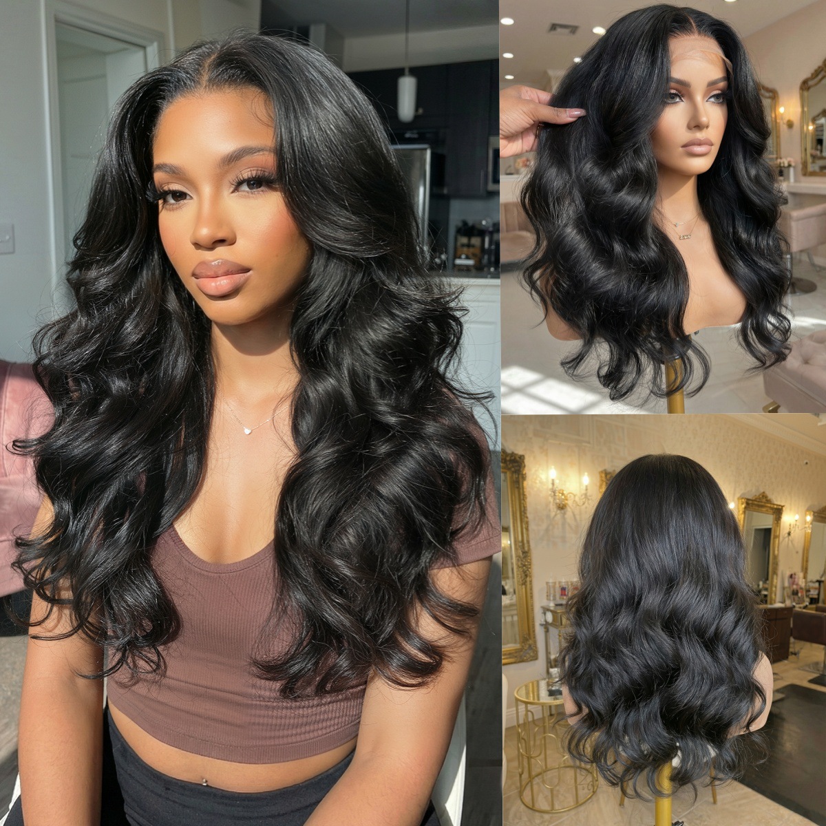 Europa y los Estados Unidos cabello real pelucca de cabello femenina cubierta de cabeza larga onda negra cabello rizado largo natural cabello real fábrica de stock