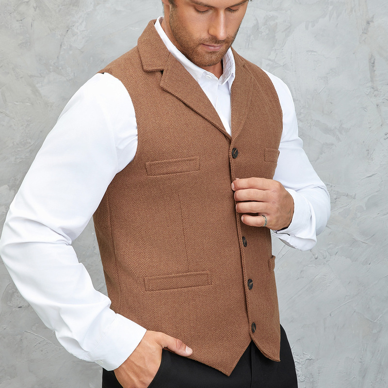 Men's Retro Vest Wool Tweed Casual British Style Business Suit Flat Lapel Khaki Thermal Vest