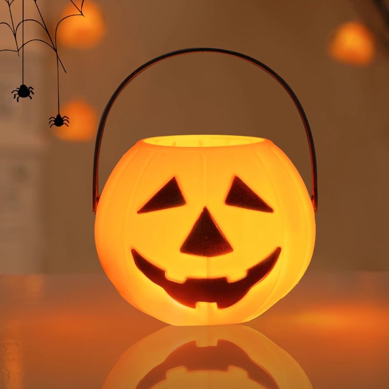 Lámpara de calabaza de Halloween barril de dulces portátil para niños canas de azúcar decoración de jardín de infantes accesorios linterna luminosa