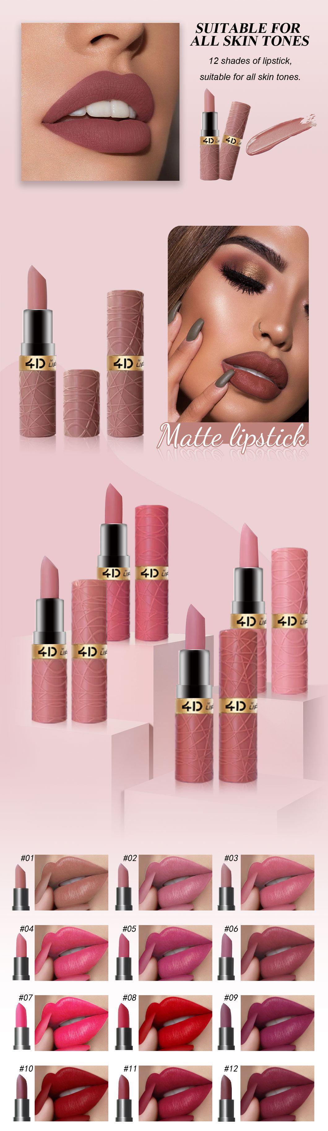 6-piece matte lipstick, cross-border lip makeup, Aunt Red, easy to apply, export lip gloss set, not easy to smudge Specification drawing