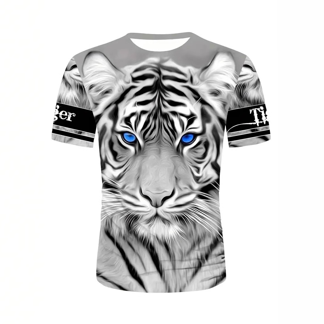 Venta caliente de la calle europea y americana tigre blanco estampado 3D hombre verano suelto transpirable hombro de manga corta cuello redondo camiseta en stock