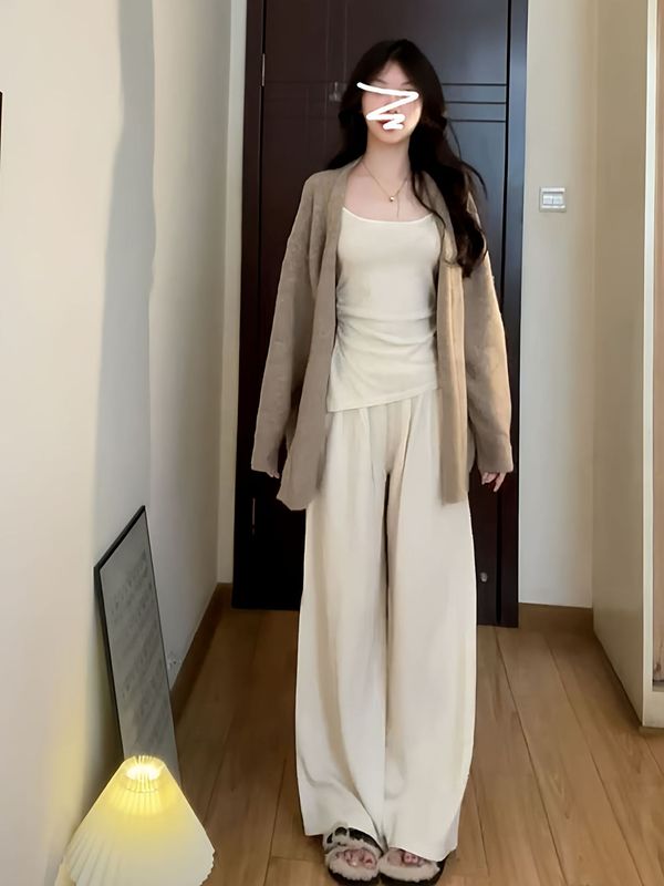 慵懒风早秋穿搭燕麦色毛衣针织开衫女春秋2025高级感宽松休闲外套|undefined