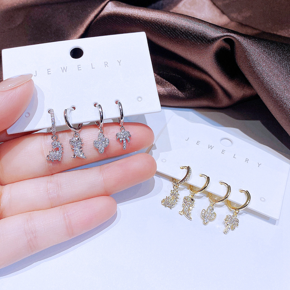 Womenu0027S Fashion Dinosaur Copper Earrings Inlay Zircon Drop Earrings 4 Pieces