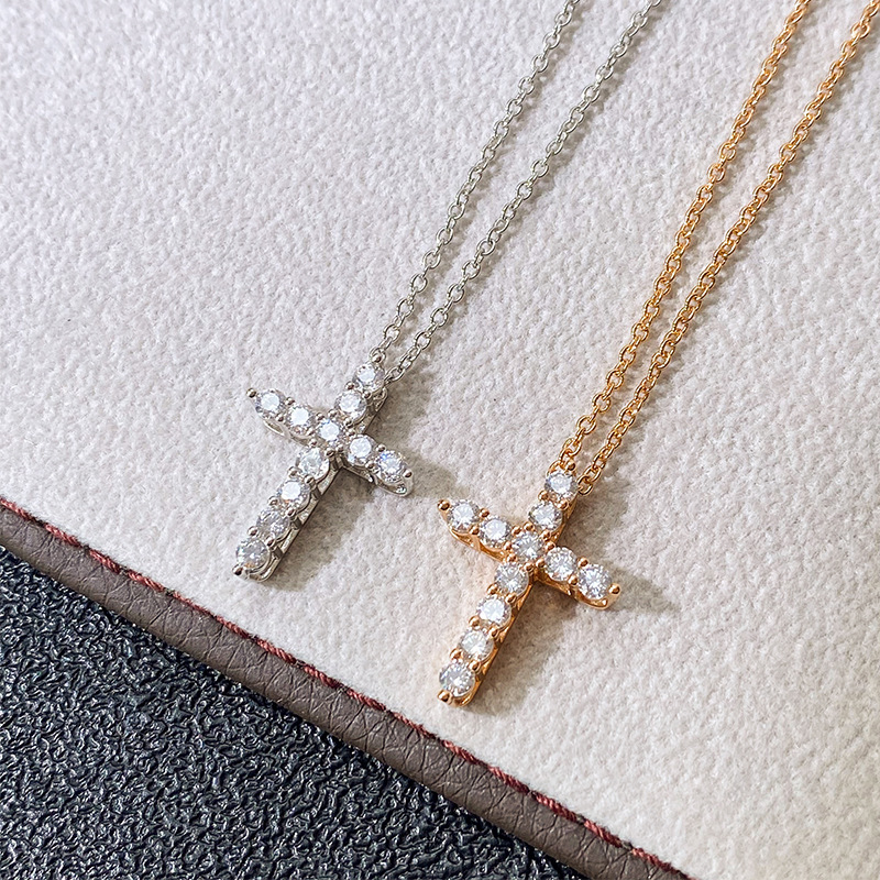 T家V金滿鑽十字架項鍊精工高級感時尚個性百搭網紅直播女鎖骨鏈