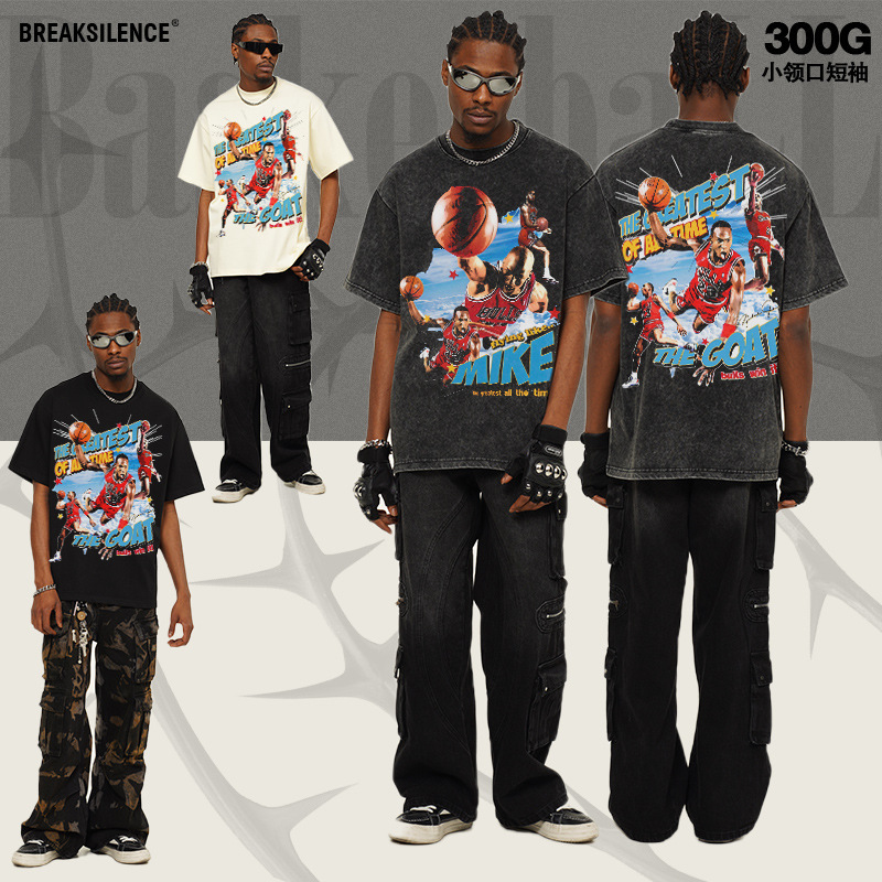 2025 cross-border American vintage300 grams heavy short sleeve T-shirt men's and women's cotton small neckline crew neck jacket tide