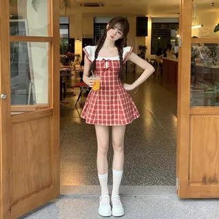 小飞袖公主裙红格物语少女感清新气质复古红格纹小个子百搭短裙子