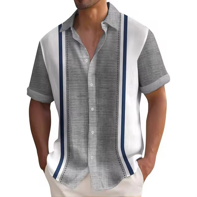 3D Digital Printed Summer Striped Shirt for Men, Casual Short-Sleeved Loose Hawaiian Lapel Shirt, Cross-Border