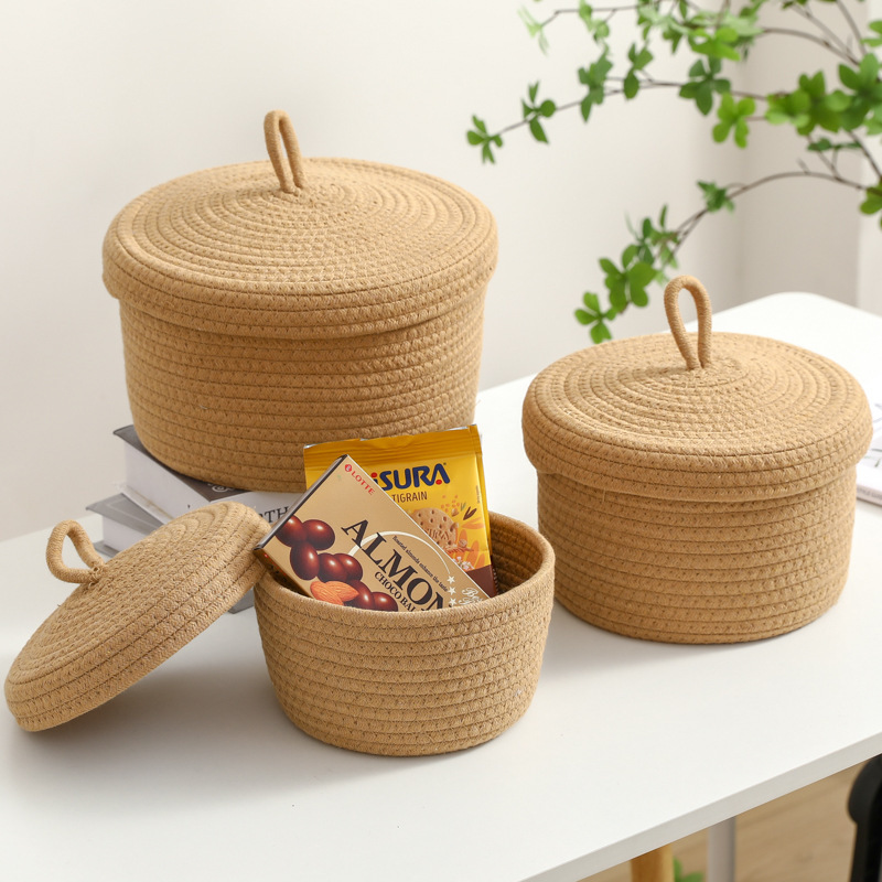 活動桌面收納筐帶蓋防塵置物盒化妝品零食圓形棉繩收納籃整理筐子