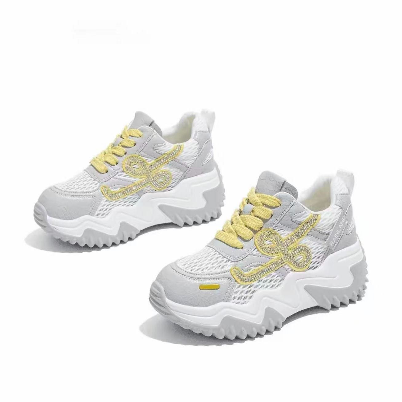 2026 primavera y verano nuevos zapatos casuales de diamante de color contrastante, zapatos de malla gruesa, zapatos de papá, zapatos deportivos de mujer