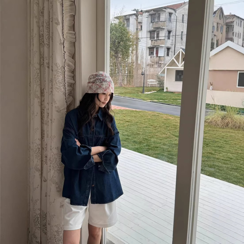 Denim Shirt 2026 Spring New Style Fashionable Lapel Irregular Solid Color Loose Casual Jacket for Women 86128