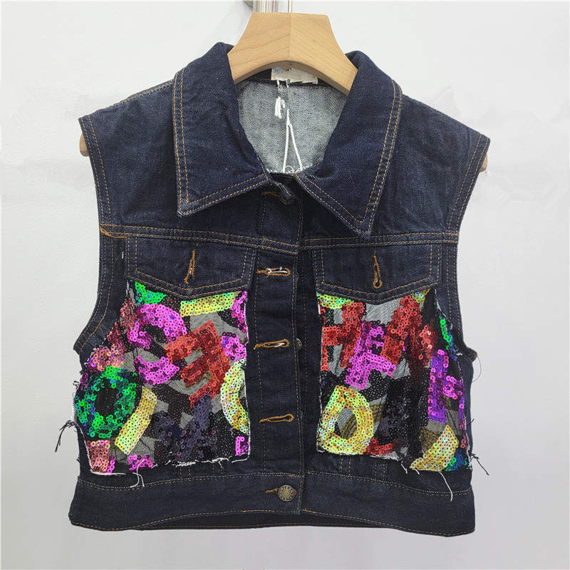 Heavy-duty bordado sequinilla empalme chaleco de vaquero mujer corto sin mangas chaleco de hombro chaleco de abrazadera