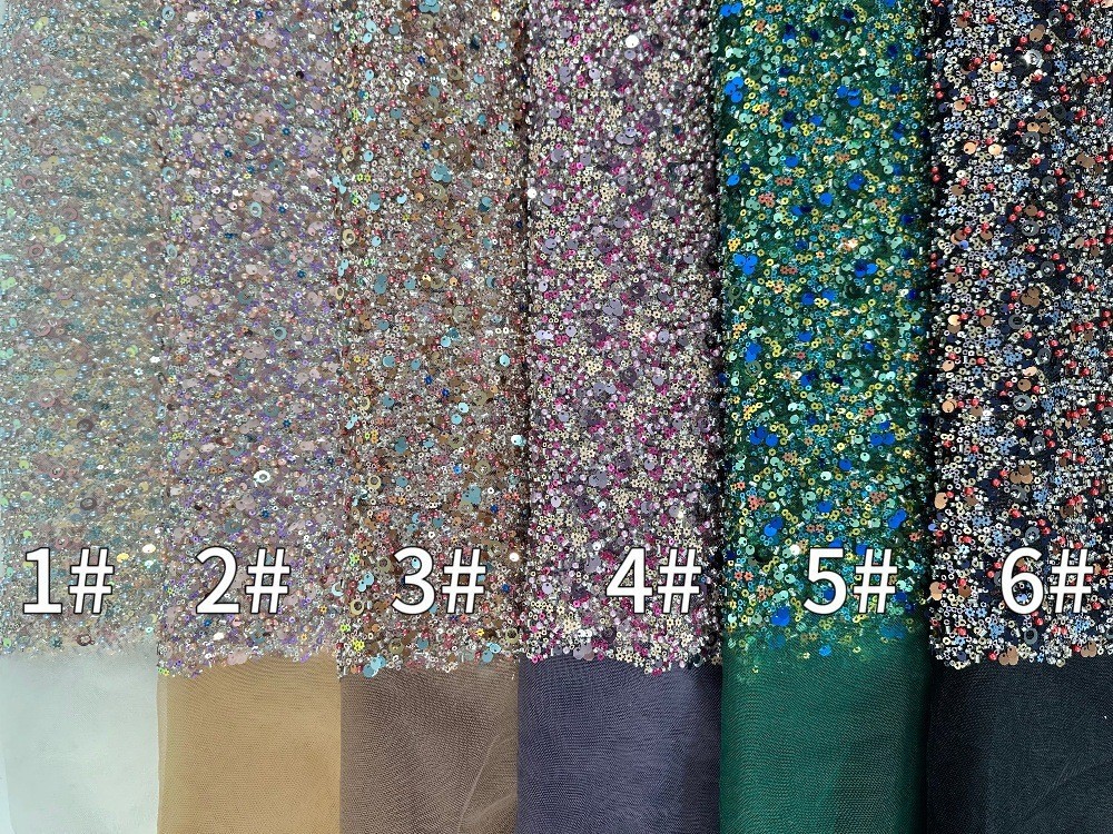 Bordado en tubo de cuentas, tela de malla de lenta, vestido de novia de novia, ropa de escenario, ropa de brindis, fabricante de telas, stock
