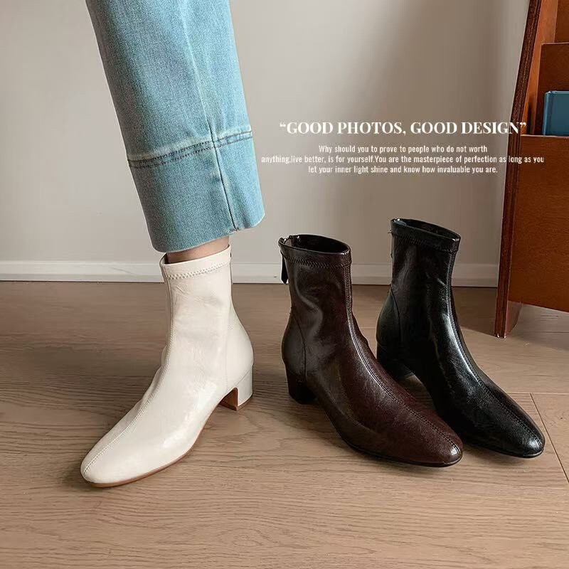 4cm Cream Style White Round Toe Slim Boots for Women Thick Heel Medium Heel Short Boots Soft Leather Elastic Boots Autumn Single Boots