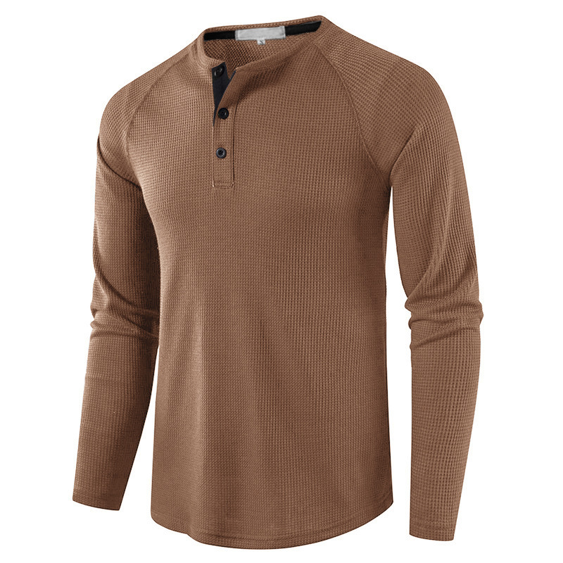 Mode Herren Langarm Henley T-Shirt Sport Casual Pullover Lose Tops Bluse Knopf Einfarbig Männer T-Shirts Unterhemden_voghion.com
