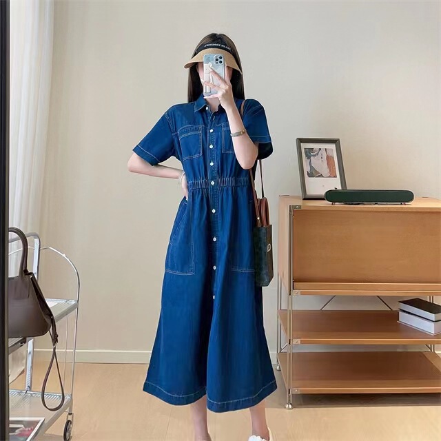 Xiaohe Tooling Style Vintage polo Collar Single-breasted High Waist A- line Dress Summer Mid-length Casual Denim Dress