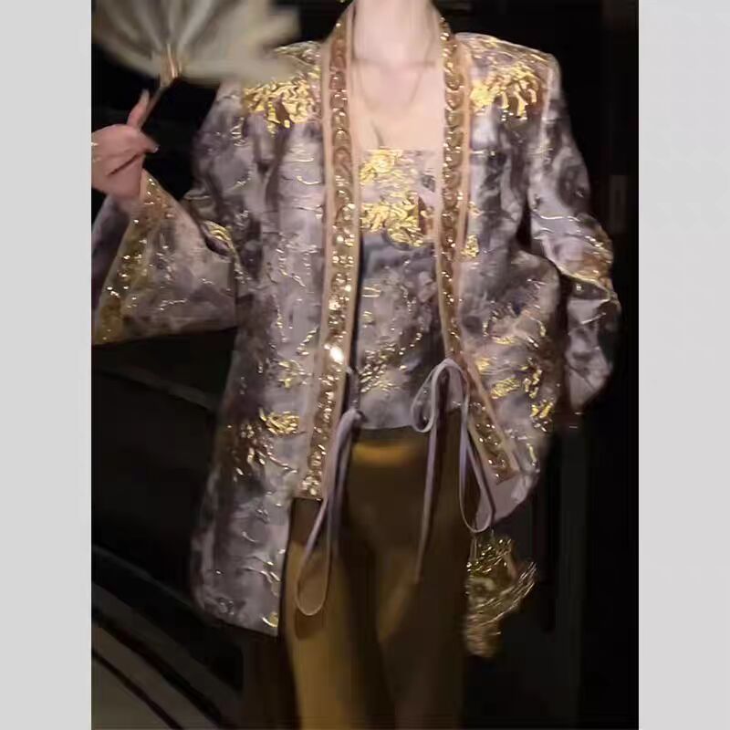 紫气东来秋季女新中式国风立体浮雕绣花外套吊带半身裙三件套套装|undefined