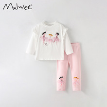 malwee女童套装秋冬新款欧美中小童休闲圆领长袖松紧腰裤子两件套