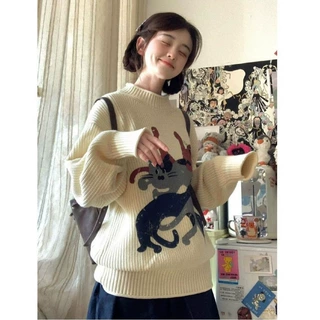 美式街头潮牌小猫印花圆领毛衣秋冬季新款宽松型显瘦时尚百搭上衣