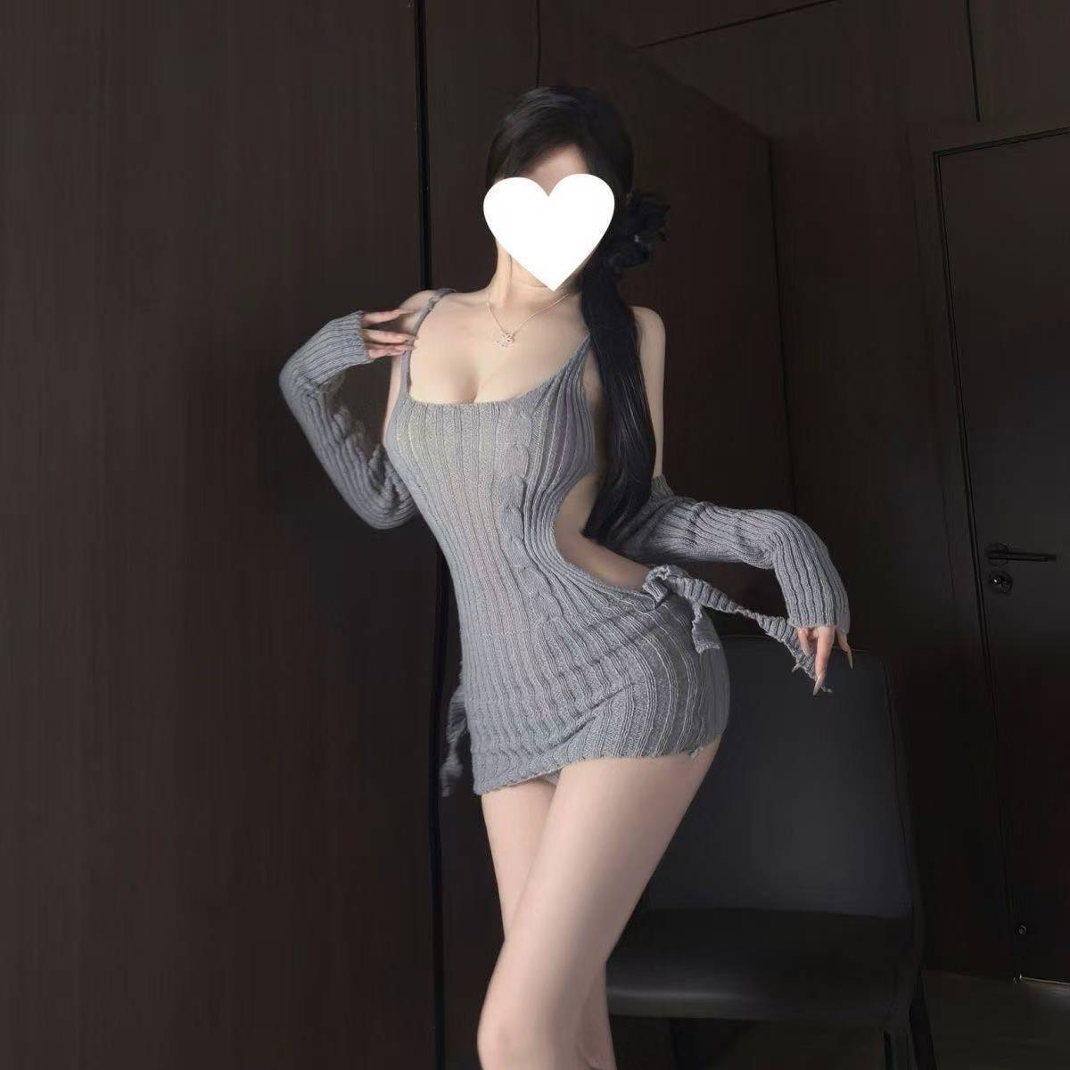 Japanese-Style Maid Roleplay Lingerie Set, Backless Sweater Top with Grey Bodystocking — detail image 4