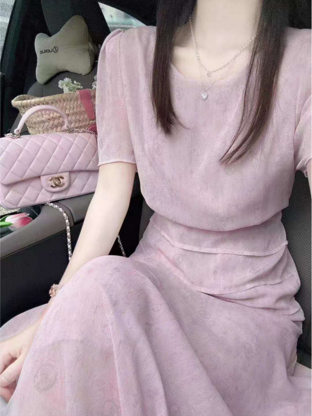 Đầm ôm body nữ phong cách Pháp dáng dài tay ngắn — màu hồng