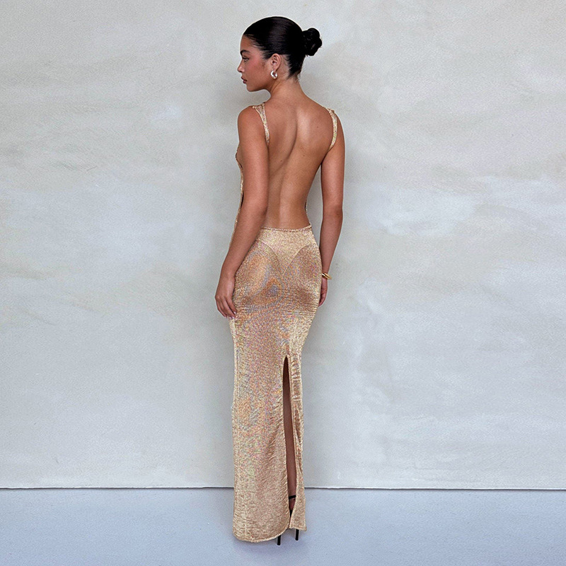 119g Weight Maxi Long Dress Dress Length Type Sleeveless Sleeve Length Bodycon Dress Dresses Type Spandex, Polyester Fabric Type Mid Waist Waist Line Holiday, Party Occasion Boat Neck Neckline Slim Fit Type Glittery, Solid Color Pattern Summer, Spring Season Women's Gender Backless Design Vacation, Sexy Style Wholesale Women's Vacation Sexy Backless Glittery Solid Color Holiday Party Boat Neck Sleeveless Bodycon Dress 2