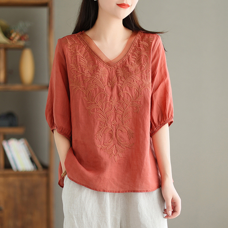 Cotton and Linen Japanese-Korean Style Half-Sleeve Shirt for Women, Summer 2026 New Style, Mother's Wear with Heavy Embroidery, Women's Top