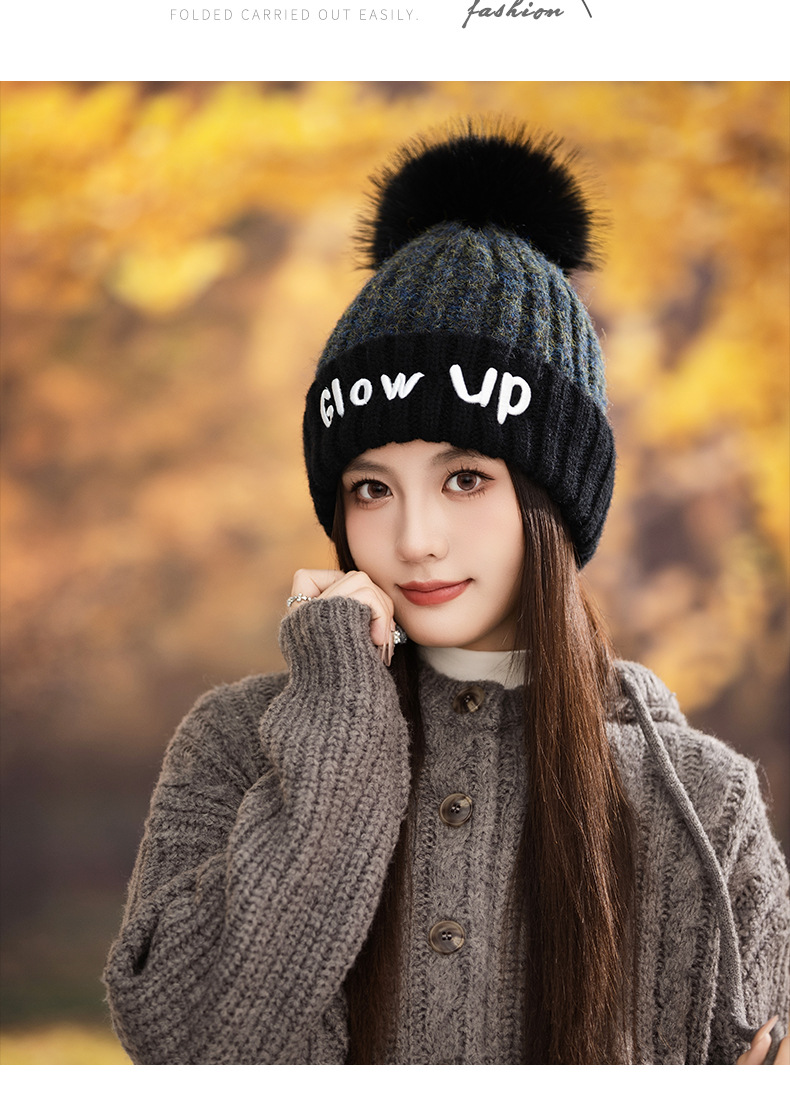 Gorro de lana de punto con bordado de letras inglesas, versátil, bonito y cálido, ideal para otoño e invierno. Con pompón. Estilo coreano._voghion.com